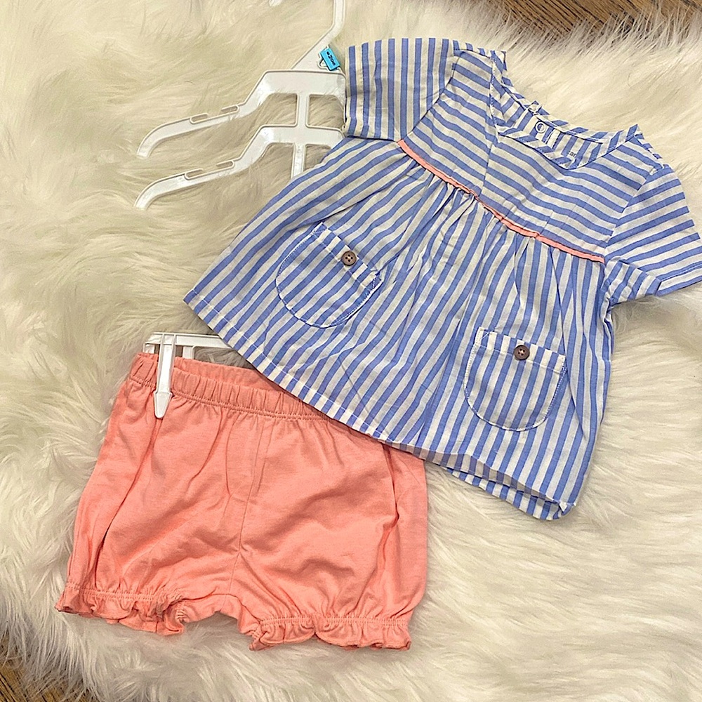 6m Summer blue white striped cotton blouse and matching pink shorts. NWOT